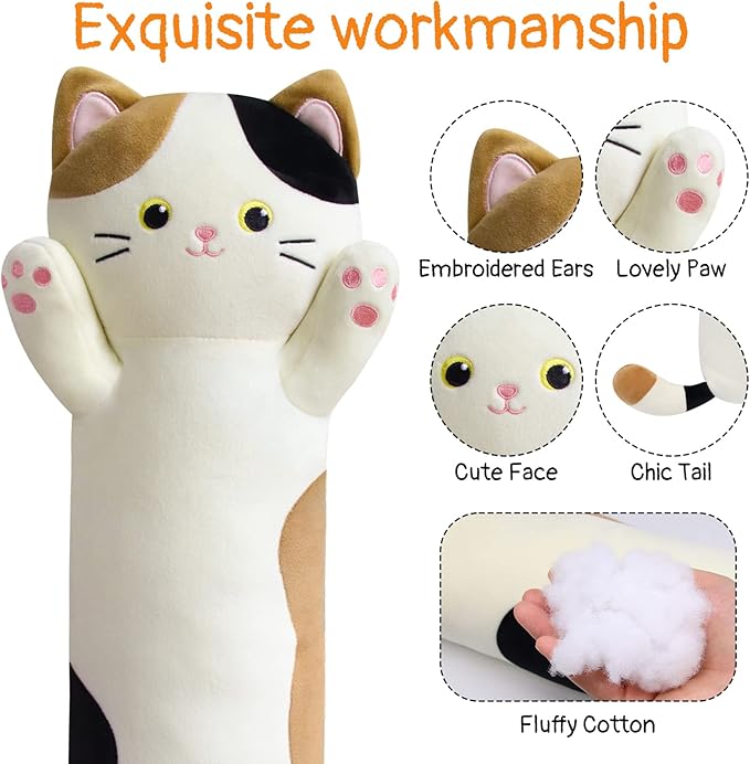 Long Cat Plush Boby Pillow, 22inch Kawaii Cartoon Cat Boby Pillow Kitten Stuffed Animals for Girls, Cute Sleeping Gift for Kids, Toddler, Adult Birthday Gifts