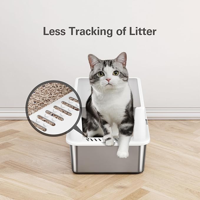 Barhon Stainless Steel Litter Box Small, Kitten Litter Box with High Sides 17" L x 13.3" W x 11.8" H, Metal Kitty Litter Box Easy to Clean, Non Sticky Bottom, Odor-Free, White