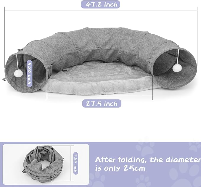 Cat Tunnel, Collapsible Cat Tunnel Bed Sturdy Oxford Fabric for Indoor Cats,Interactive Hanging Ball Pet Tunnel Tube with Cat Teaser Stick (Grey)
