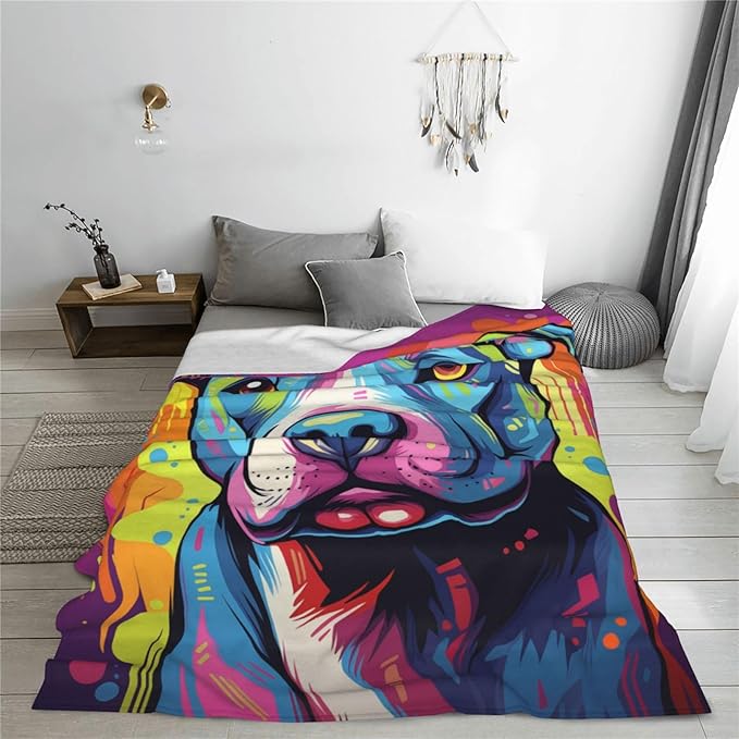 Colorful Pitbull Fleece Blanket Animal Print Pit Bull Fleece Throw Blanket for Mom Women Men Kids Super Soft Plush Dog Blanket Throw Plush Blanket for Bed Sofa Valentine's Day Decor 50"x60"