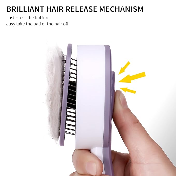 Self Cleaning Slicker Brush for Cat or Dog, Pet Grooming Brush for Long or Short Hair, Dog comb For One Button Gently Removes Loose Undercoat and Shedding Hair (Purple-Only Brush)
