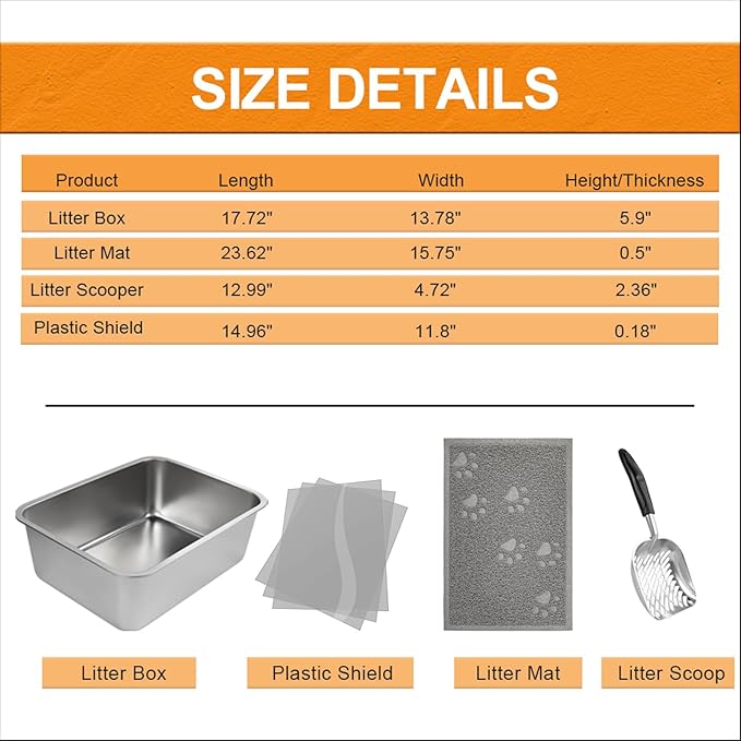 2 Sets Stainless Steel Litter Box, Metal Litter Box 17.7"x13.8"x5.9", Cat Litter Box with Plastic Shield High Sides, Cat Litter Scoops, Cat Litter Mats for Multiple Cats, Sturdy and Easy to Clean