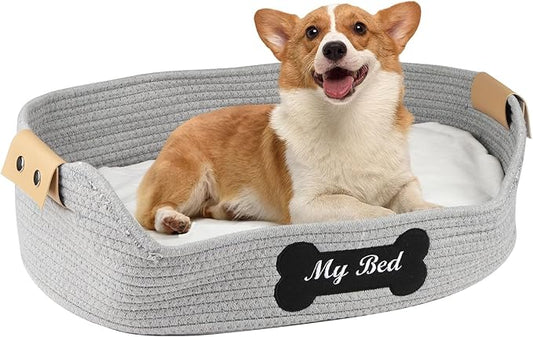 Cat Beds for Indoor Cats,21.6''X15.7''Cotton Rope Puppy Bed,Woven Rope Kitty Nest Cat Nap Bed with Soft Cushion,Handwoven Dog Cat Bed Basket -Scratch Resistant