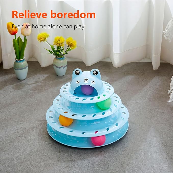 Cat Toys, 4-Level Turntable Ball Track Interactive Cat Toy for Indoor Cats, Self Play Fun Roller with Colorful Rotating Ball Puzzle Exercise Kitten Toys (Blue)