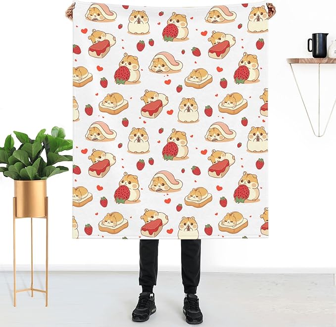 Hamster Strawberry Soft Throw Blanket Flannel Fleece Blankets Warm Cozy Lightweight Fuzzy Blanket for Bed Sofa Couch Home Decor 60"X50"