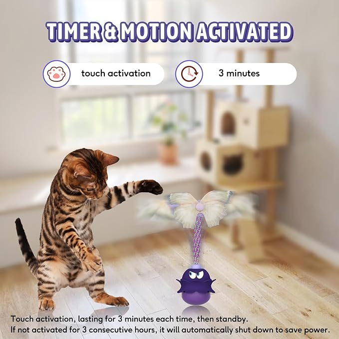 LEWISER Cat Toys Monster, 3in1 Rechargeable Automatic Interactive Cat Toy for Indoor Cats Exercise, Real Feathers, Silicone and Butterfly Tail, LED Lighting, Mice Squeak Chirping, Purple
