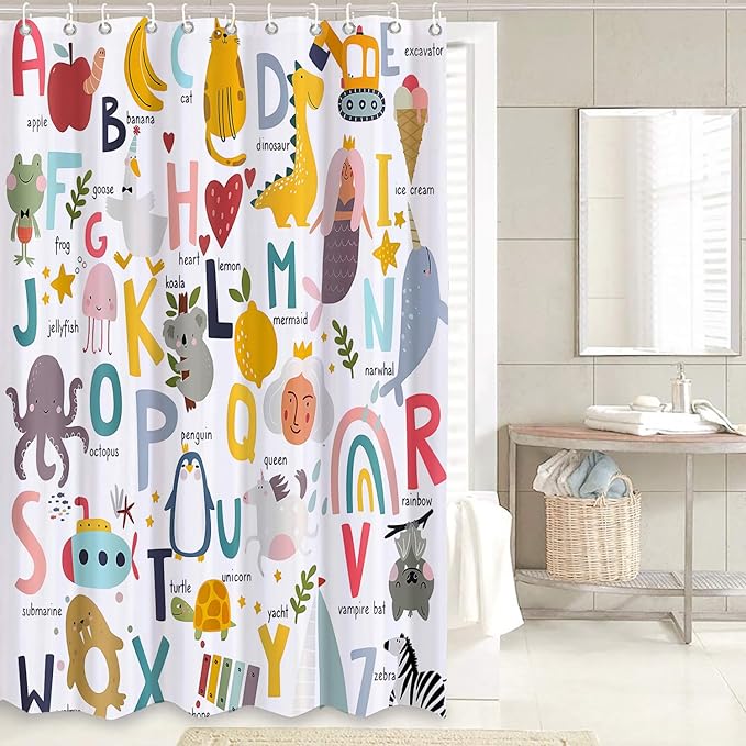 Cartoon Animal Alphabet Shower Curtain Sets, 4 Pcs Kids Educational Graphic ABC Learning Shower Curtain for Bath Curtain Set with Rugs,Cartoon Fun Facts Geography, with 12 Hooks(72X72in)