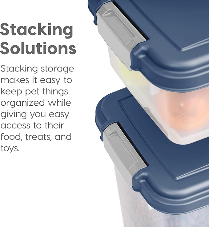 IRIS USA Dog Food Storage Container, 30 lbs & 11 lbs Combo, Cat Food Storage Container, Dog Treat Container, Airtight, Stackable, 2-Cup Scoop, Wheels, Easy Mobility, Navy