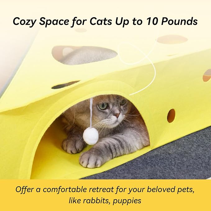 Cat Tunnel Bed for Indoor Cats Peekaboo, Warm 2-in-1 Cheese Shape Design with Ball Toy Large Cat Felt Mat, Scratch Resistant Cat Activity Play Mats for Multiple Cats, Dogs Up to 10lb [Yellow]