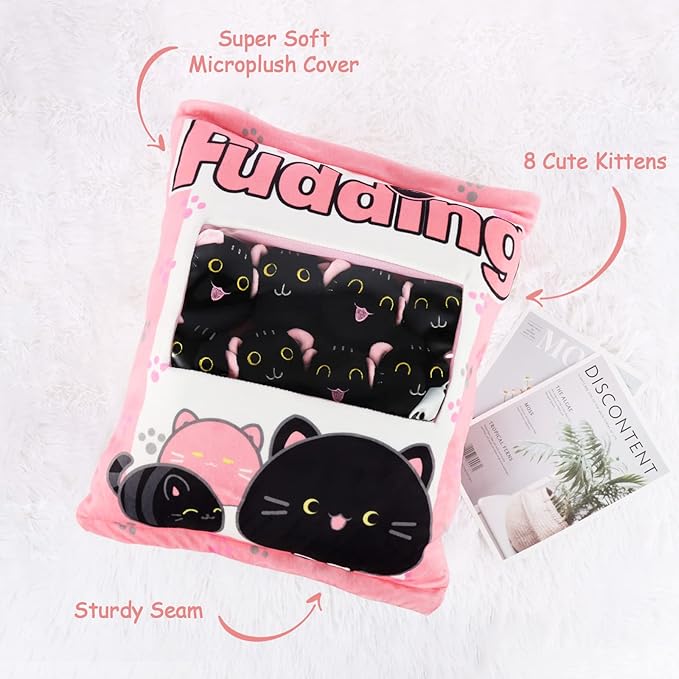 Plush Black Cat Pillow, 8 Cute Removable Stuffed Animals, Kids Sofa Chair Decorative Gift (Pink)