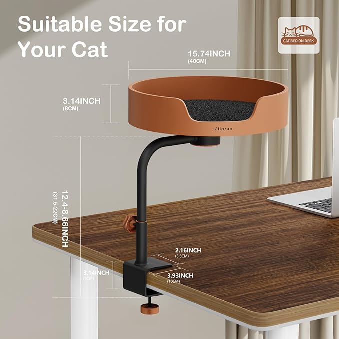 Cat Bed Desk Nest with Teaser,Easy Installation Shelf,Sturdy Frame,Removable Cushioned Cushion, Space Saving Design,Ideal for Side Table,Home Office,Fits Cats