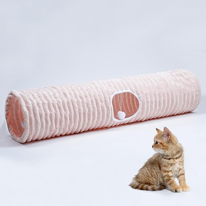 Luxurious Cat Tunnel,43" Straight Cat Tunnel Bed with Balls,Cat Toys for Indoor Cats,Collapsible Peekaboo Cat Cave for Kitten Toys（Pink Stripe）