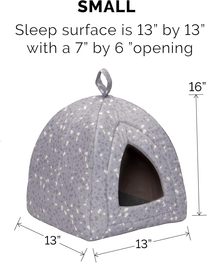 Furhaven Cat Bed Cave for Indoor Cats & Small Dogs, Washable & Foldable w/ Removable Cushion - Polycanvas Print Pet Tent - Gray Terazzo, Small