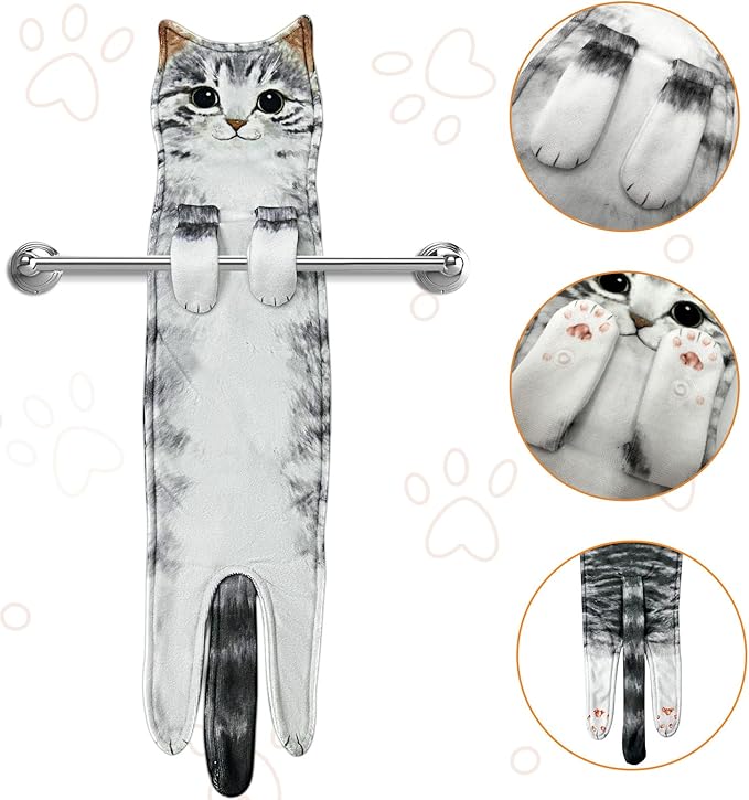 PAT JUUMG Funny Cat Hand Towels for Bathroom Kitchen Decor Towel,Cute Decorative Hanging Face Towels,Super Absorbent Soft, Housewarming Gift,Cat Lovers Gifts for Women (Grey Cat)