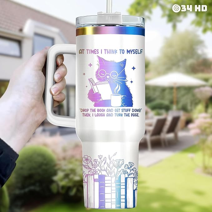 34HD Engraved Cat Mom Tumbler with Handle and Straw, 40oz Cute Gradient Book Cup Stainless Steel, Bookworm Coffee Mug, Cat and Book Birthday Gifts for Women Men Friends