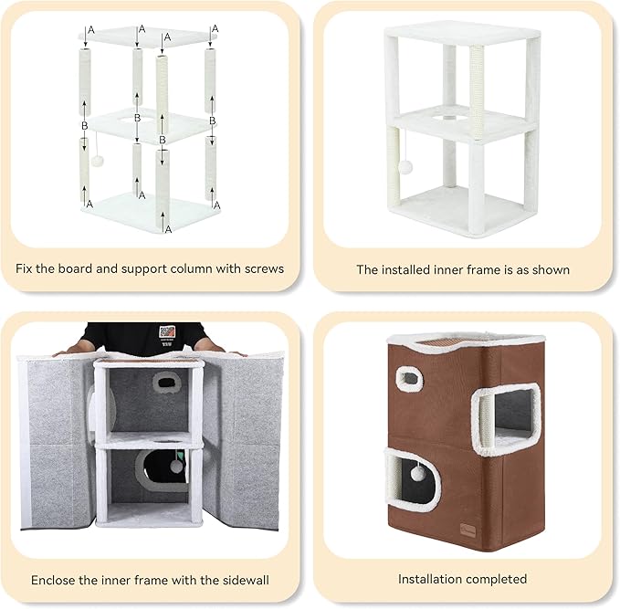 YITAHOME 2-Tier Cat House, Indoor Cat Cave Bed Playhouse, Flannel & Cool Mat, Covered Cat Beds with Scratch Pad and Hideaway Cave, Cute Modern Cat Condo Furniture for Multi Small Cats, Brown