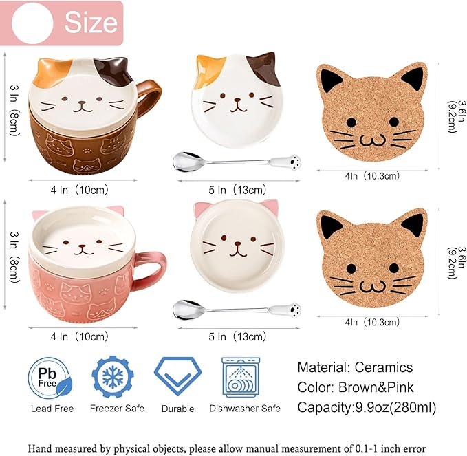 BigNoseDeer 2PCS Kawaii Cat Mug - Pink and Brown Ceramic Coffee Tea Cup with Lid, Saucer - Cool Preppy Gift for Cat Lovers, Christmas 10oz
