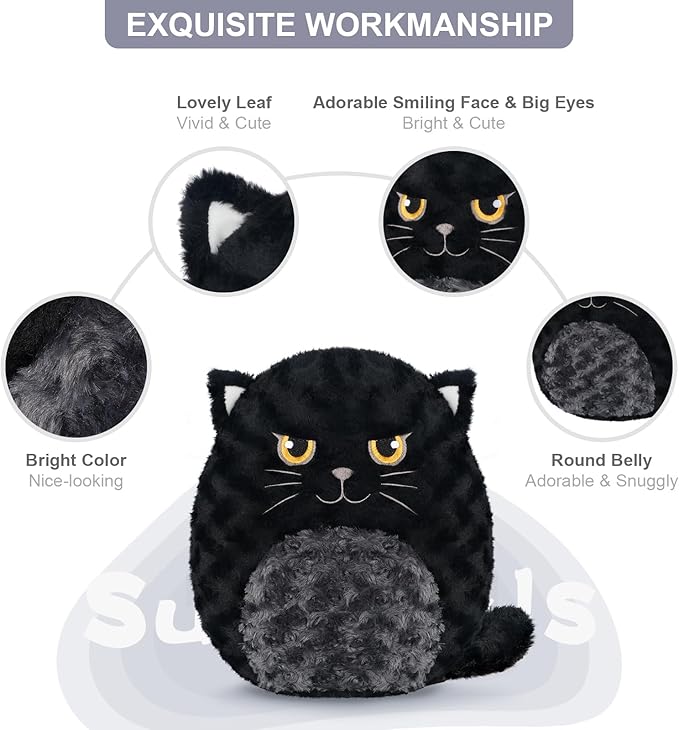 Cute Black Cat Plush Pillows, 14" Soft Stuffed Cat Animal for Squish & Collect, Kawaii Cat Plush for Bedroom Decor, Cute Birthday Gifts for Girls and Boys
