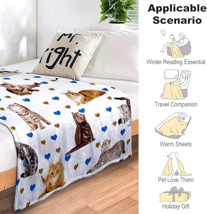 Cute Cat Blanket Soft Cozy Flannel Cat Throw Blankets Kids Adults for Bedding Bedroom Living Rooms Sofa Full Season Gifts 80"x60"