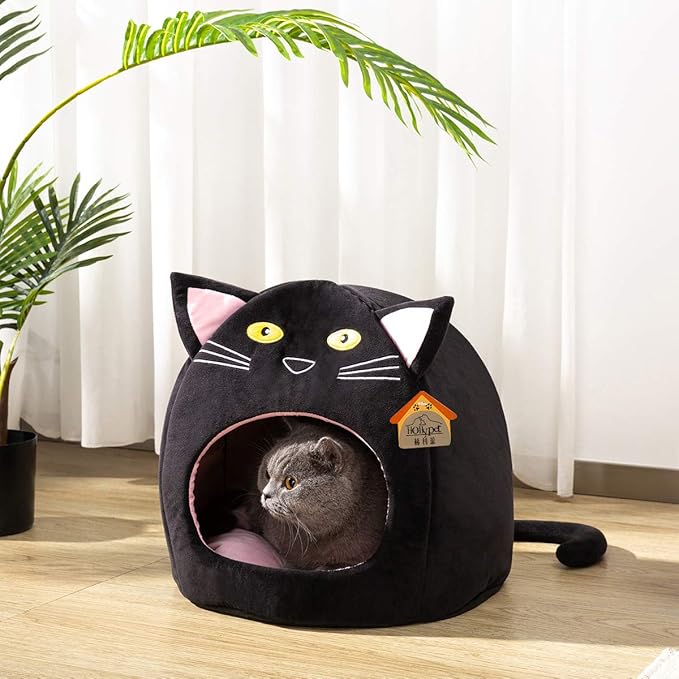 Hollypet Cozy Pet Bed Warm Cave Nest Sleeping Bed Kitty Shape Puppy House for Cats, 17 x 17 inches, Black
