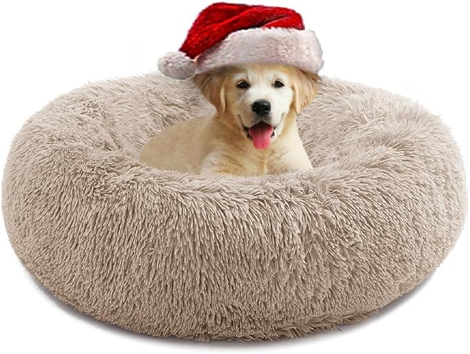 Small Cat Bed for Indoor Cats, Self-Warming Donut Kitty Bed for Small Cats Keeping Warm, Washable Pet Bed with Anti Slip Base, Khaki 23‘’