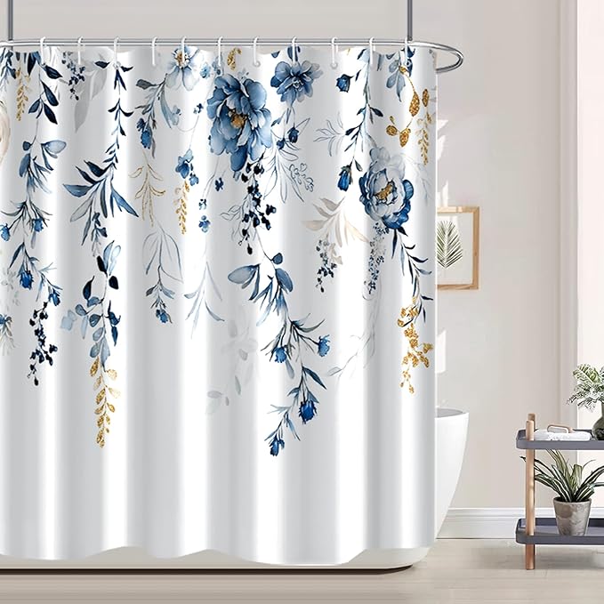 AWERT Blue Plants Shower Curtain with Hooks Watercolor Leaves Shower Curtain for Bathroom Waterproof Bathroom Accessories Bathtub Decor 72x72inch