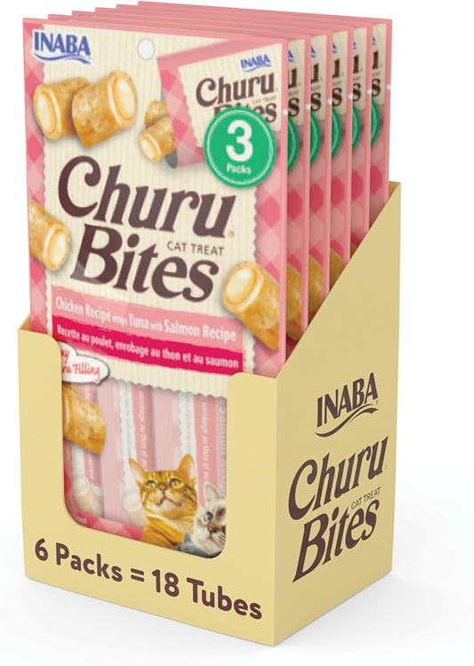 INABA Churu Bites for Cats, Soft Baked Chicken Churu Filled Cat Treats with Green Tea Extract, 0.35 Ounces Each Tube, 18 Tubes Total (3 per Pack), Tuna with Salmon Recipe