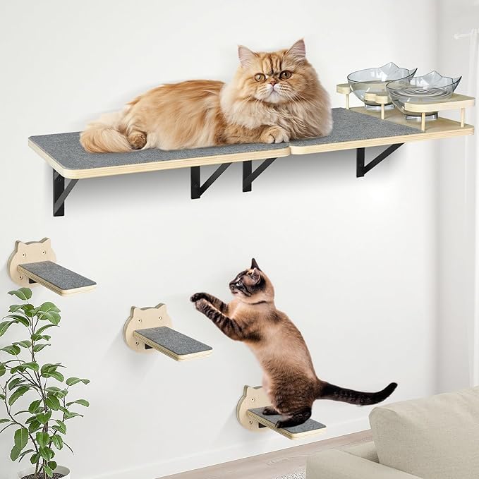 Cat Wall Shelves Set of 2, Cat Shelves and Perches for Wall, Cat Shelves Wall Mount for Large Cat, Cat Wall Furniture with 3 Cat Wall Steps, Cat Climbing Shelf, Cat Wall Shelf with 2 Cat Food Shelf