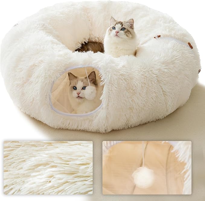 HIPIPET Winter Plush Cat Tunnel with Cat Bed for Indoor Cats,Multifunctional Cat Toys for Small Medium Large Cat.(White)