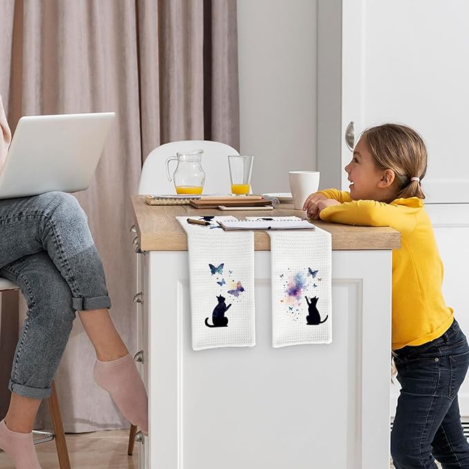 Black Cat Butterfly Kitchen Towels and Dishcloths Set of 2, Funny Cat Themed Dish Towels, Preppy Decorative Hand Tea Towels for Bathroom Kitchen, Gifts for Cat Lovers and Women, 16×24 Inches