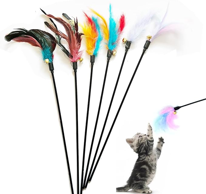 IUHKBH Cat Wands, 6 PCS Interactive Cat Feather Toys Cat Teaser with Bell - 18'' Long Feather Wand for Cat and Kitten