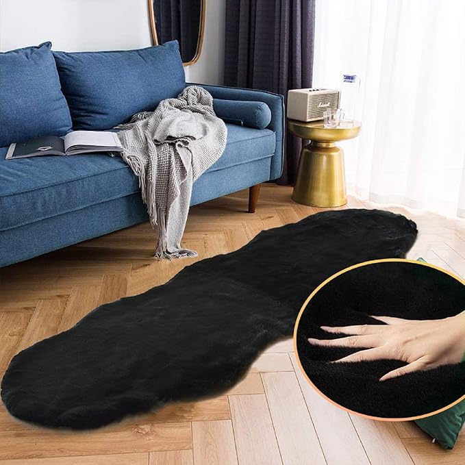 Black Shag Washable Fluffy Fur Area Rugs for Bedroom Living Room Faux Rabbit Fur Nursery Rug Runners 2x6 Cute Room Décor