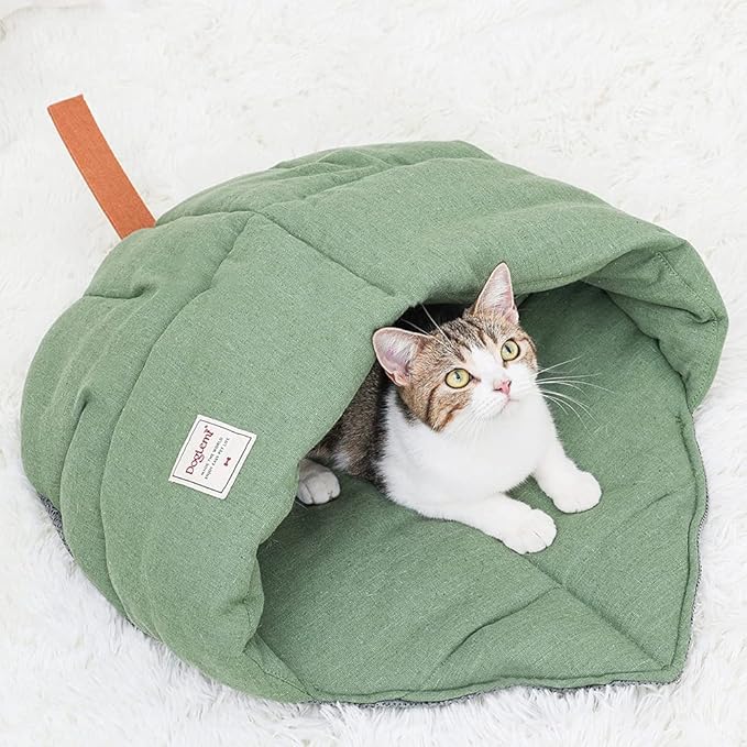 Cat Sleeping Bag , Linen Fabric Bed Cave Leaf Nest Pet Cuddle Zone Covered Hide Hood Burrowing Cozy Soft Durable Washable with Non-Slip Bottom for Indoor Puppy and Kitten (Green), PD50082