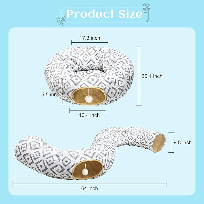 Cat Tunnel Bed, Bienbee Cat Tunnel 2 in1 S-Shape Foldable Cat Tunnels for Indoor Cats Large, Cat Tubes Peekaboo Cat Cave for Cats Guinea Pig Rabbit Grey Grid