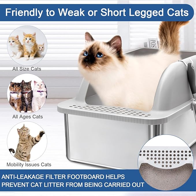 14" High Stainless Steel Cat Litter Box with Lid, Metal Litter Box for Big Cats, Stainless Steel Cat Litter Box for High Peeing Cat, XL Litter Box Easy to Clean, Non-Sticky, with Scoop