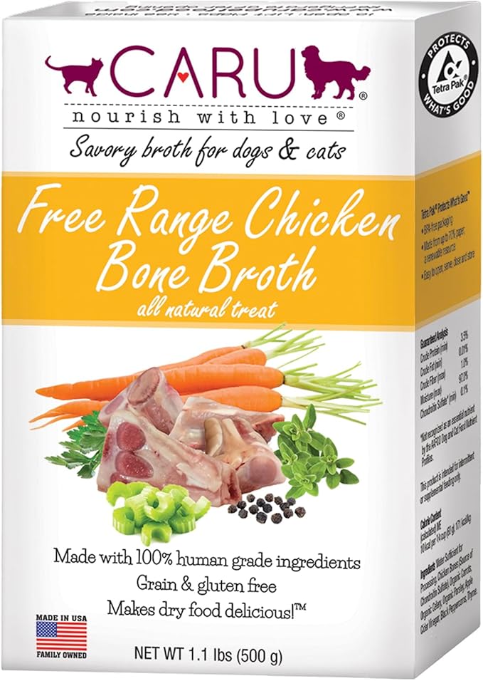 Caru Free Range Chicken Bone Broth For Dogs And Cats, Moistens Dry Food Or Pour Over Freeze Dried Raw Food, Grain And Gluten Free, Non-Gmo Ingredients (1.1 Lbs)