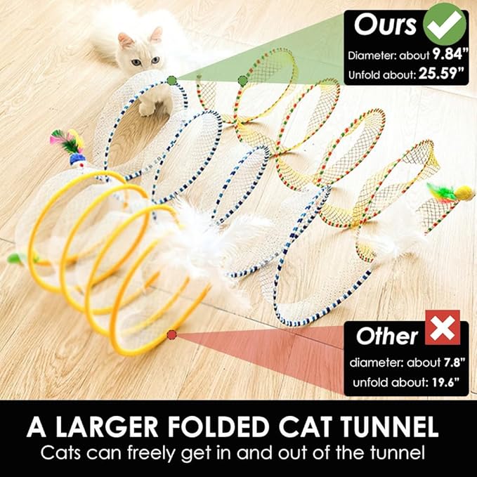 Cat Tunnel Spring Toy Cat Teaser Stick Collapsible, Kitten Tunnel Bored Pet Cat Hunting Play Tunnel with Feather Mouse Toys for Cat, Kitty, Kitten, Rabbit, Puppy (Blue)
