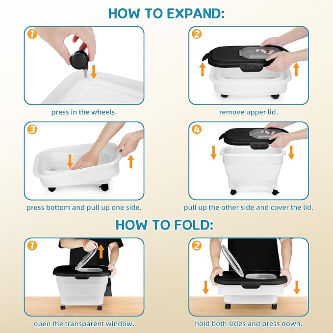 Dog Food Container, Collapsible Pet Food Storage Container 17-20 lb with Rolling Wheels & Airtight Lid, Plastic Storage Bin With Dog Food Scoop and Measuaring Cups