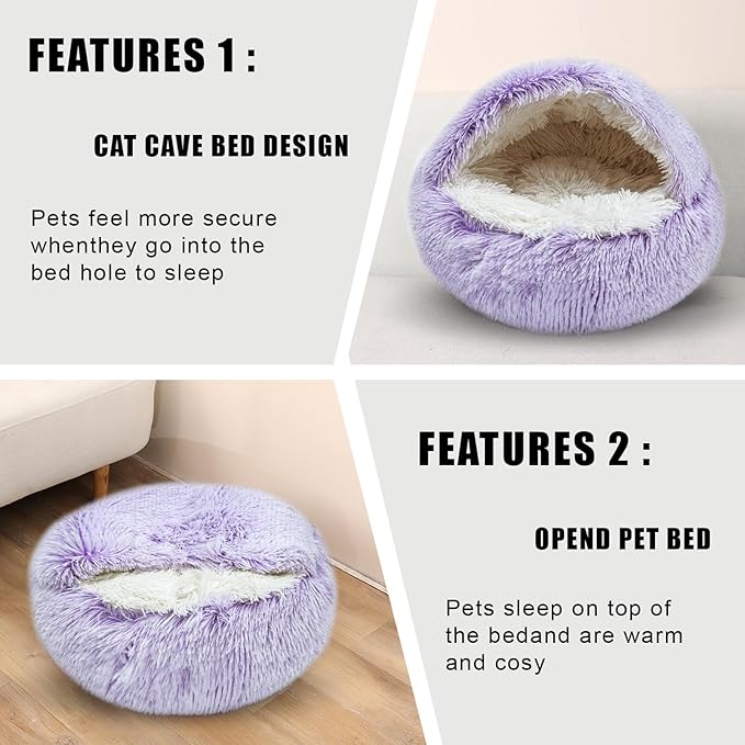 Calming Dog Beds & Cat Cave Bed with Hooded Cover,Washable Round Beds for Small Medium Pets,Anti-Slip Faux Fur Fluffy Coved Bed,Comfortable Warming Pet Bed(24 * 24inch,Purple)