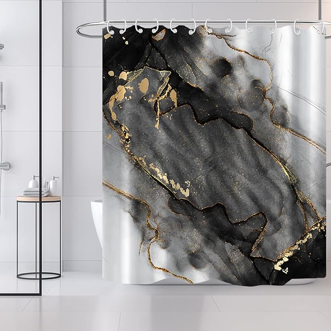 AWERT Dreamy Ink Art Black Glod Marble Shower Curtain for Bathroom Modern High Definition Printing Waterproof Shower Curtain with Hooks Bathroom Decor 60x72inch
