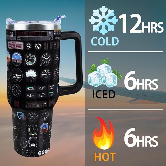 Best Pilot Tumbler 40 oz Tumbler with Handle and Straw Lid Leak Proof - Cool Gifts for Pilots Travel Coffee Mug Insulated for Hot Cold Ice - Best Pilot Gifts for Aviation Lovers Men Dad Fathers Day
