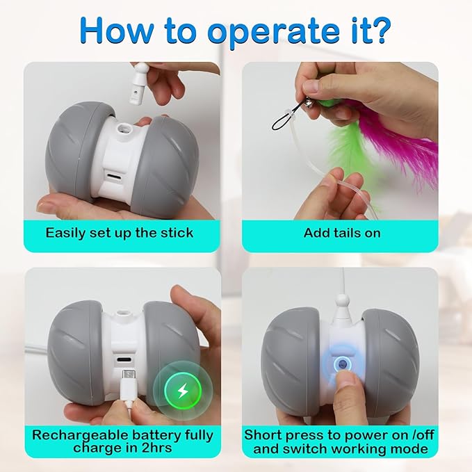 Interactive Cat Toys Fast Rolling Power Ball with Extra Long Feather Wand, Motion Activated Cat Toys