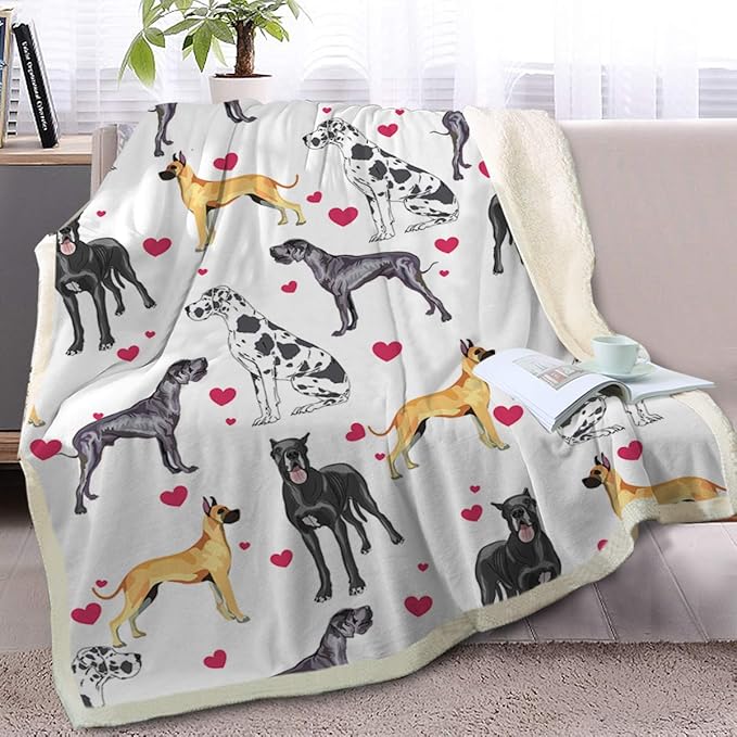 BlessLiving Great Dane Dog Blanket Red Heart Puppy Print Sherpa Fleece Throw Blanket Funny Dog Portrait Plush Blankets (Twin, 60 x 80 Inches)