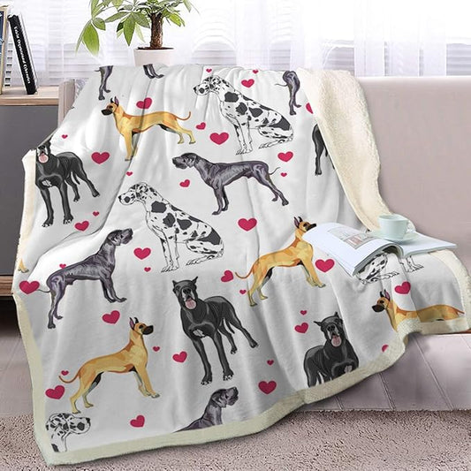 BlessLiving Great Dane Dog Blanket Red Heart Puppy Print Sherpa Fleece Throw Blanket Funny Dog Portrait Plush Blankets (Twin, 60 x 80 Inches)
