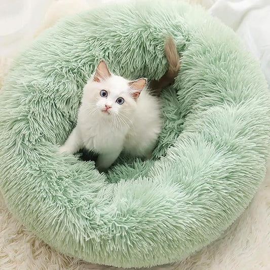 Cat Beds for Indoor Cats - Cat Bed Washable 24 inches, Dog Beds for Small Medium Dogs, Anti Anxiety Round Fluffy Plush Faux Fur Cat Bed, Thick Bottom (Green, Large)