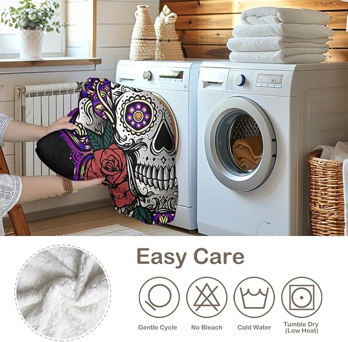 Sleepwish Lotus Skull Fleece Throw Blanket for Kids Girls Boys Soft Plush Purple Mandala Skull Sherpa Blanket for Couch Chair Bed, Queen (90" X 90")