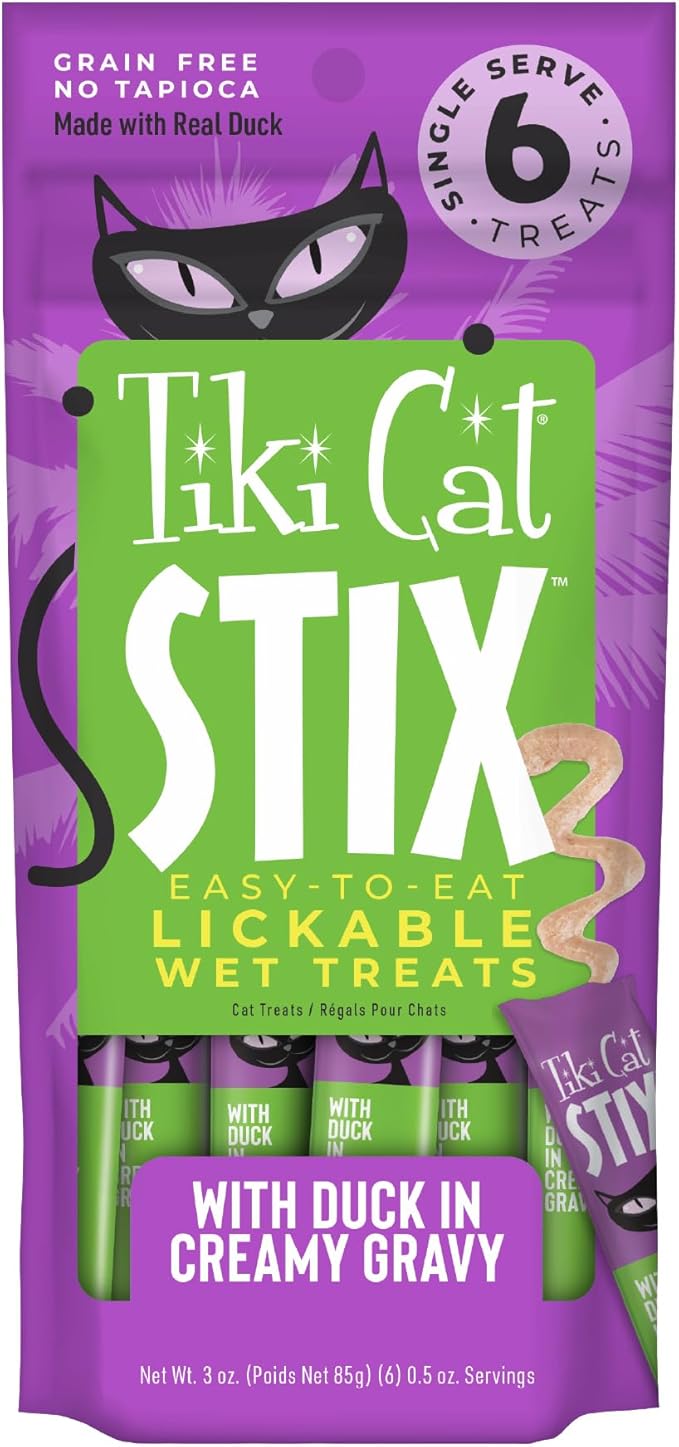 Tiki Cat Stix Mousse Treats, Single Serve Indulgent Lickable Treat or Dry Food Topper, with Duck in Creamy Gravy, 3 oz. Pouch (Pack of 6)