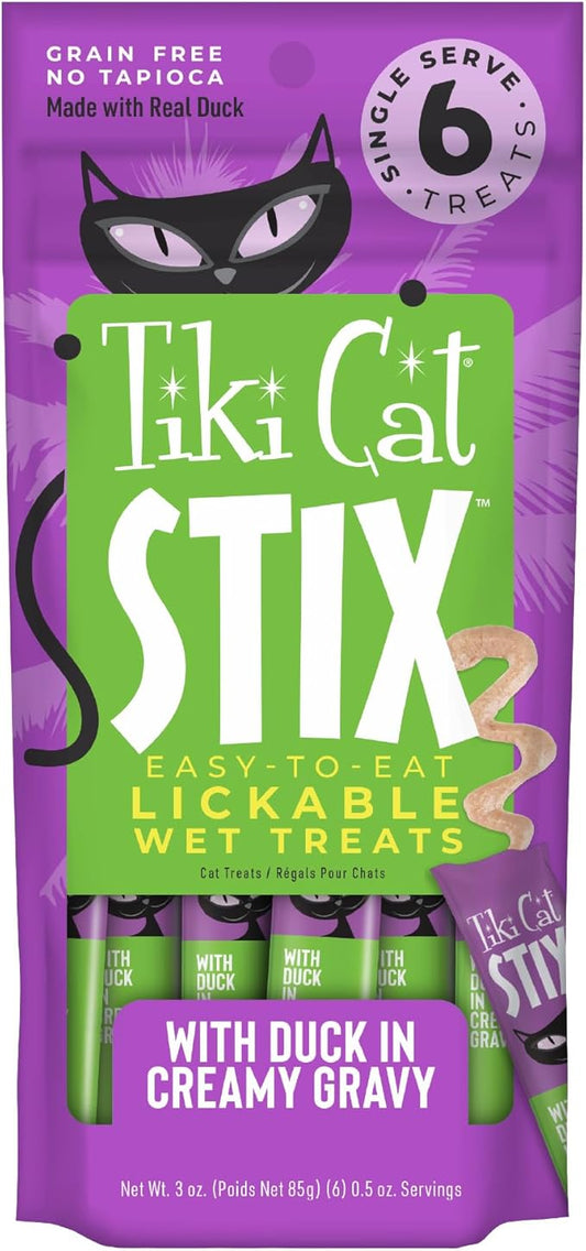 Tiki Cat Stix Mousse Treats, Single Serve Indulgent Lickable Treat or Dry Food Topper, with Duck in Creamy Gravy, 3 oz. Pouch (Pack of 6)