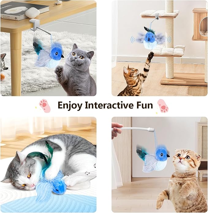 Migipaws Cat Toys,Interactive Lifelike Robin Flying Flapping Bird with Catnip, Feathers Hanging by Elastic String, Automatic Chirping Kitten Toys for Indoor Cats Self Play, Rechargeable(Blue)