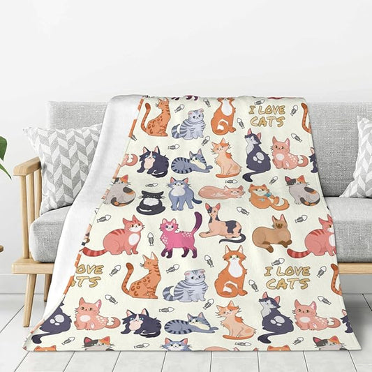 Kids Cat Print Blanket Throw 80"x60", Plush Flannel Blankets with Cats On It, Soft Warm Decorative for Kids Women Adults Cat Lovers